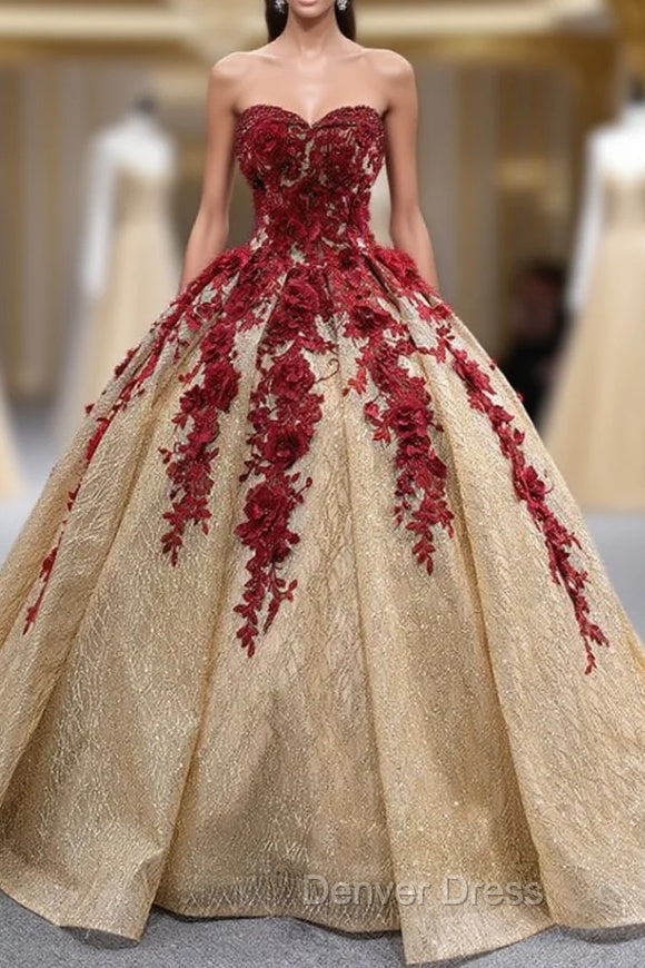 Gold Sequins Burgundy Appliques Strapless Prom Dresses