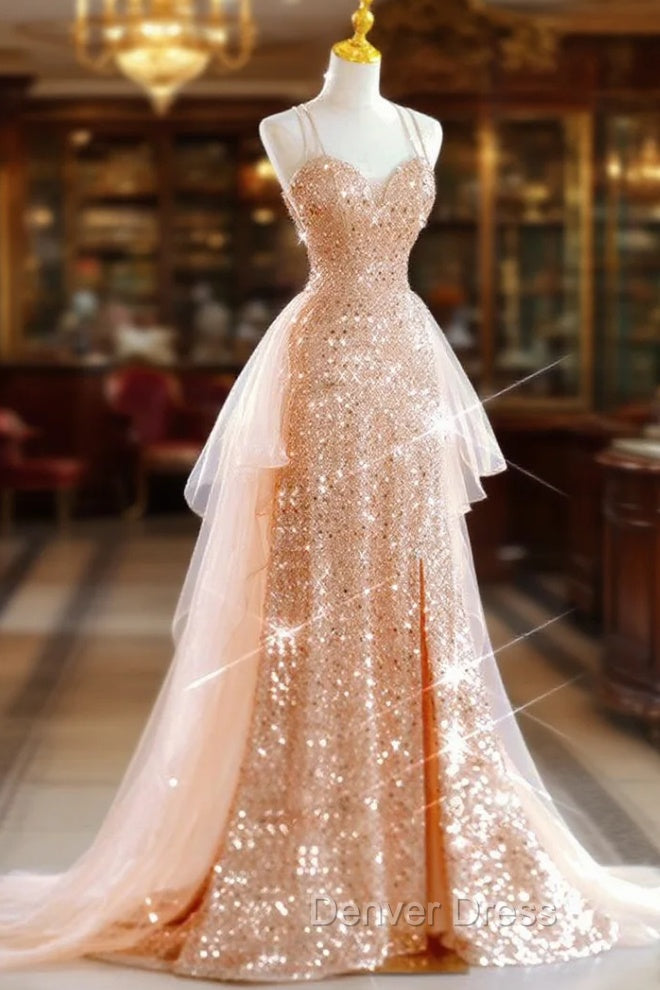 Gold Sequins Douber Straps Prom Dresses Main image