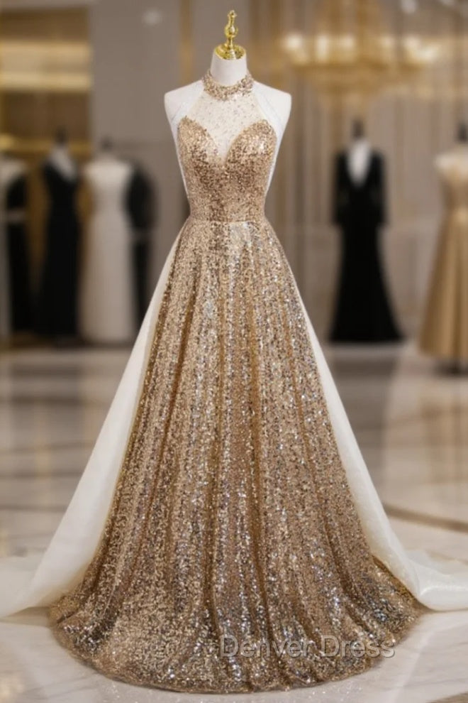 Gold Sequins Halter Backless Beading Prom Dresses