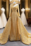 Gold Sequins High Neck Long Sleeve Pearls Prom Dresses
