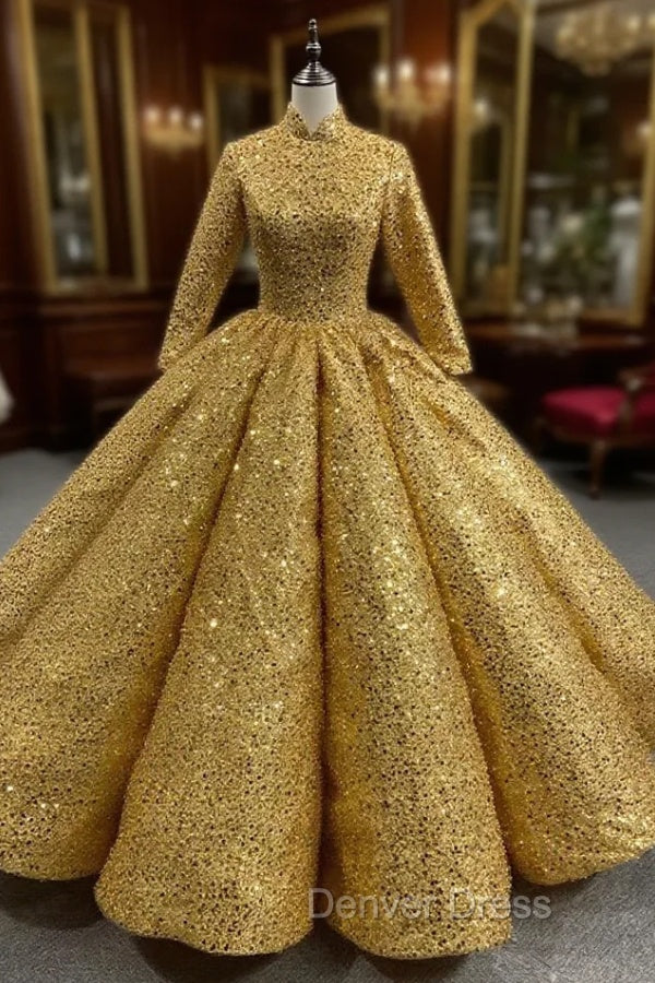 Gold Sequins High Neck Long Sleeve Prom Dresses