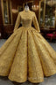 Gold Sequins High Neck Long Sleeve Prom Dresses