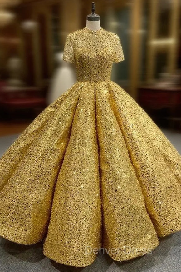 Gold Sequins High Neck Short Sleeve Prom Dresses