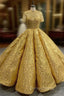 Gold Sequins High Neck Short Sleeve Prom Dresses