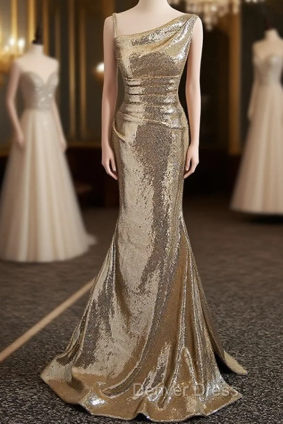 Gold Sequins Irregular Neck Pleats Prom Dresses