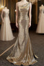 Gold Sequins Irregular Neck Pleats Prom Dresses