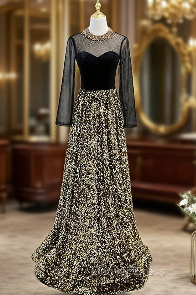 Gold Sequins Long Sleeve Backless Beading Prom Dresses