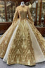Gold Sequins Long Sleeve High Neck Prom Dresses