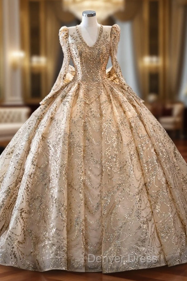 Gold Sequins Long Sleeve V Neck Prom Dresses