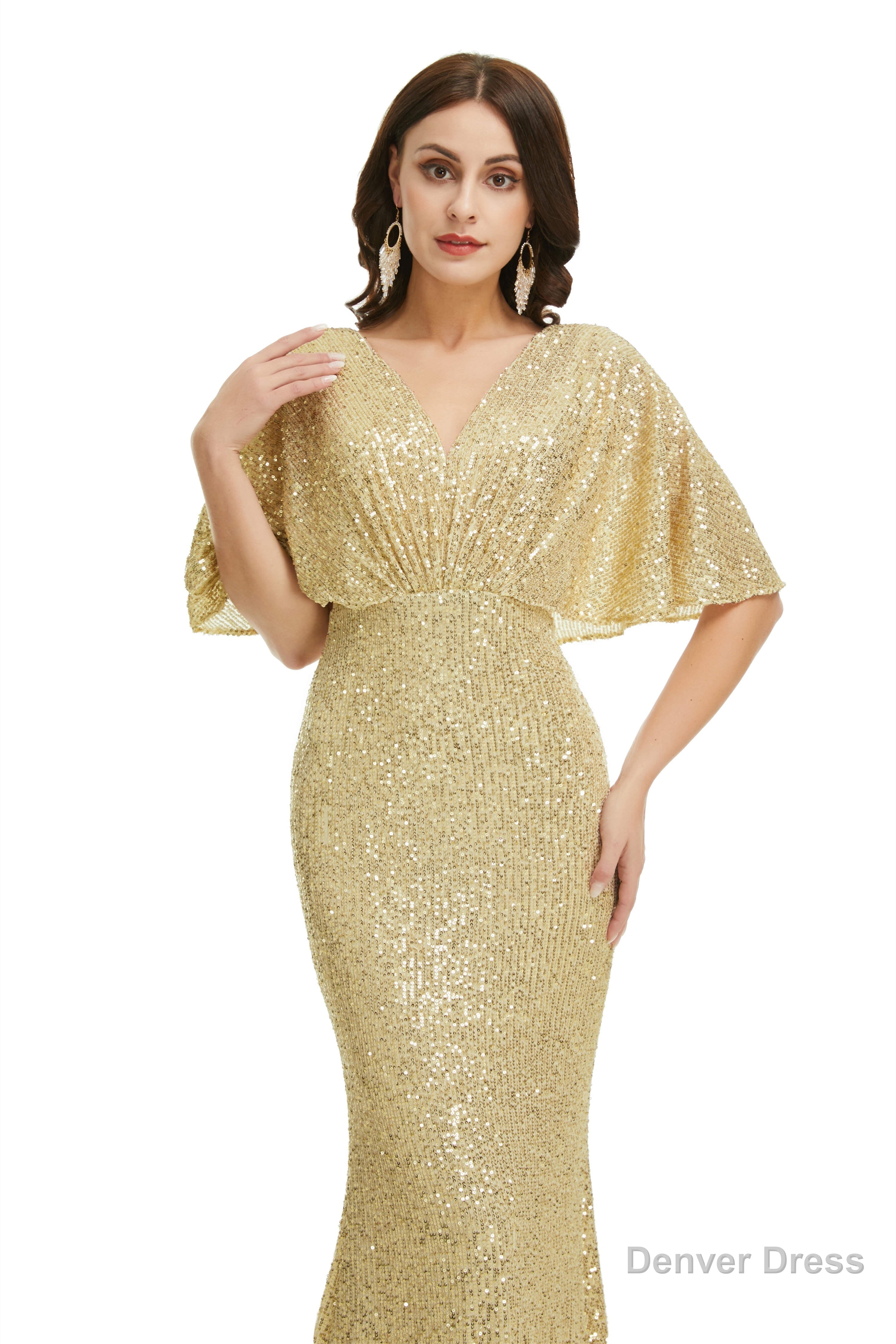 Sequins Mermaid Cape Sleeves V Neck Prom Dresses