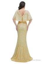 Sequins Mermaid Cape Sleeves V Neck Prom Dresses