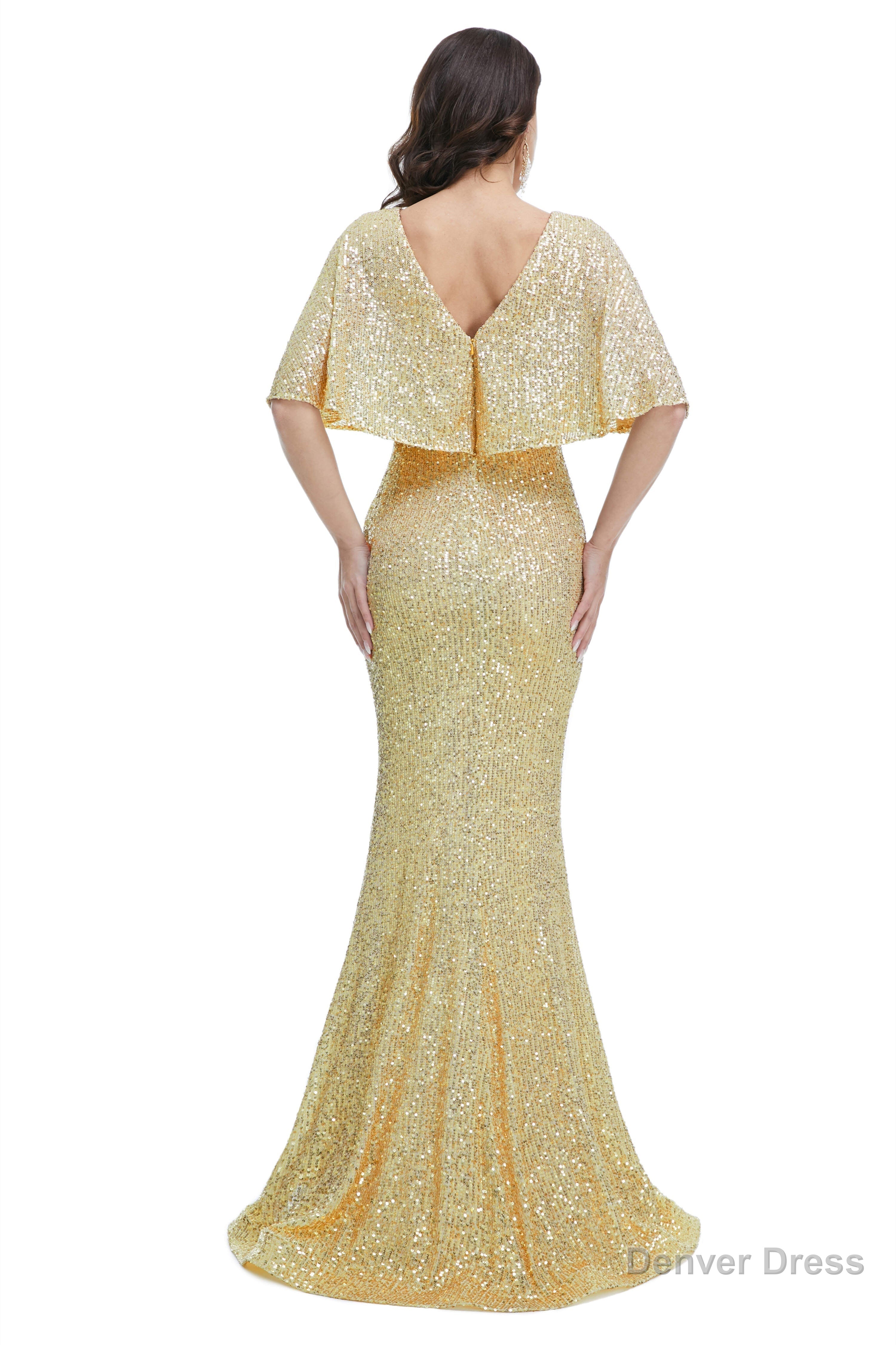 Sequins Mermaid Cape Sleeves V Neck Prom Dresses