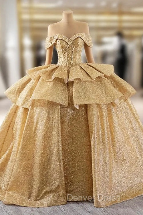 Gold Sequins Off the Shoulder Beading Prom Dresses