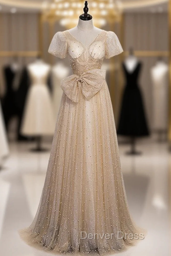 Gold Sequins Pearls V Neck Puff Sleeve Prom Dresses