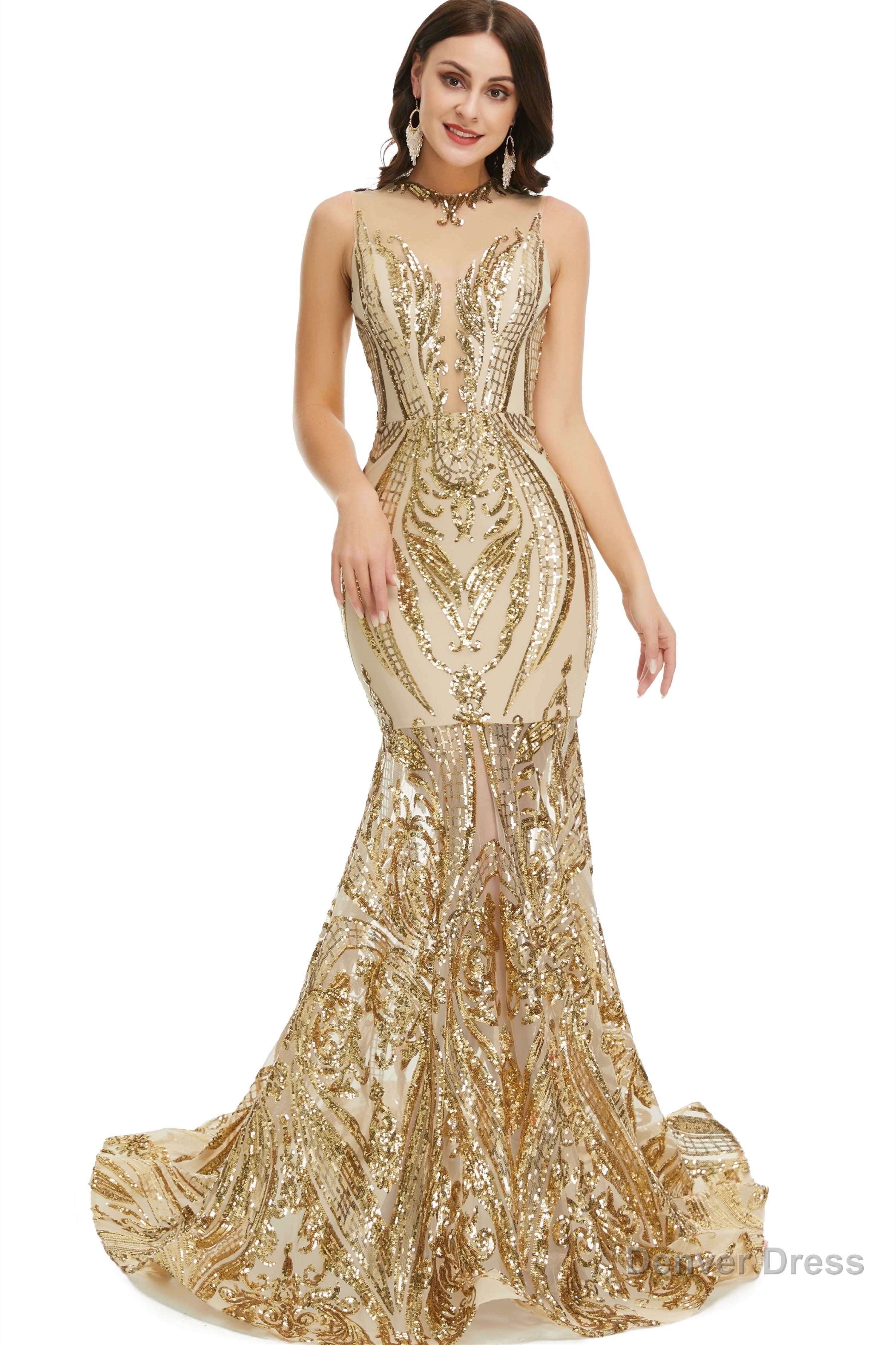 Sequins Sleeveless Floor Length Crew Neck Prom Dresses