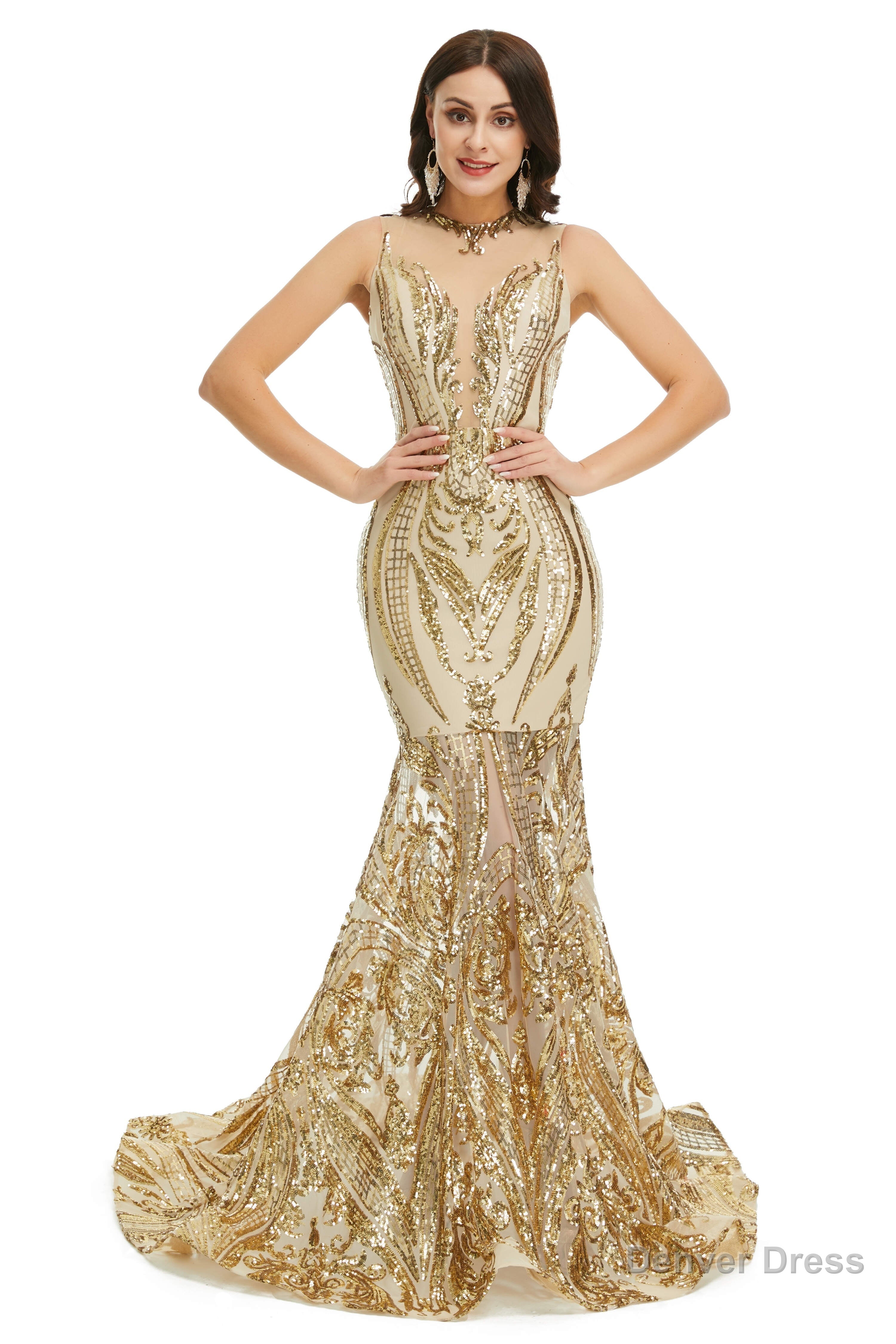 Sequins Sleeveless Floor Length Crew Neck Prom Dresses