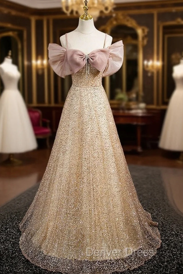 Gold Sequins Spaghetti Straps Bow Prom Dresses
