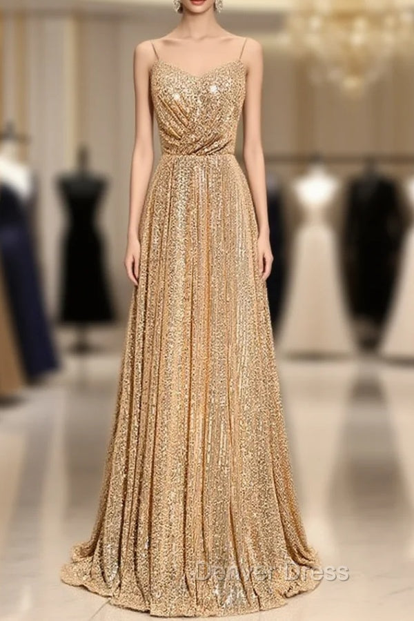 Gold Sequins Spaghetti Straps Prom Dresses Main image