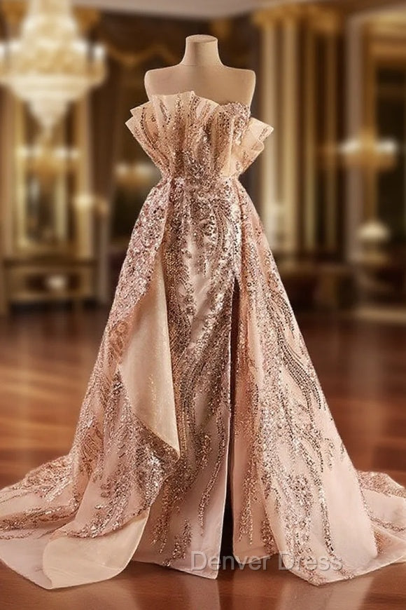 Gold Sequins Strapless Split Prom Dresses