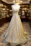 Gold Sequins Straps Beading Prom Dresses