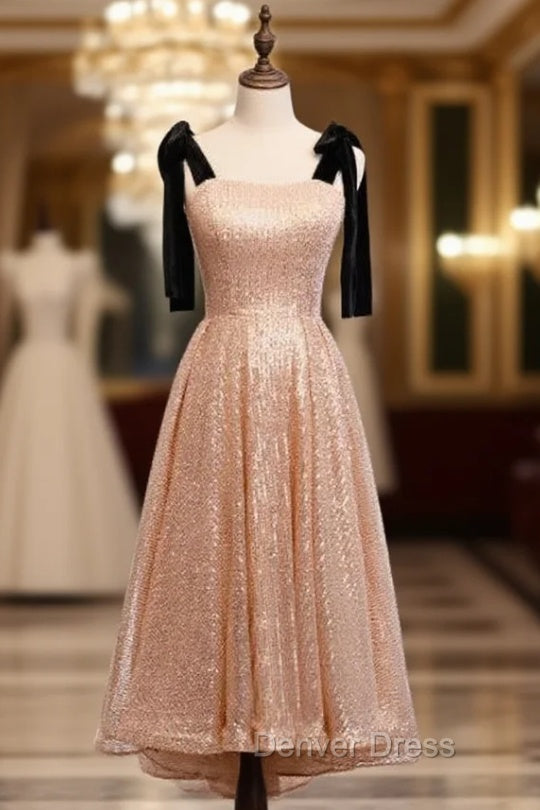 Gold Sequins Straps Tea Length Prom Dresses Main image