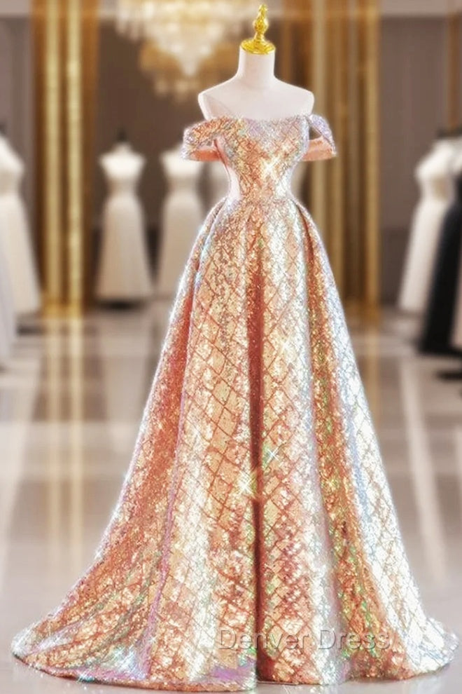 Gold Sequins Sweetheart Prom Dresses