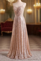 Gold Sequins Sweetheart Simple Spaghetti Straps Long Party Dresses, Sequins Prom Dresses Bridesmaid Dresses