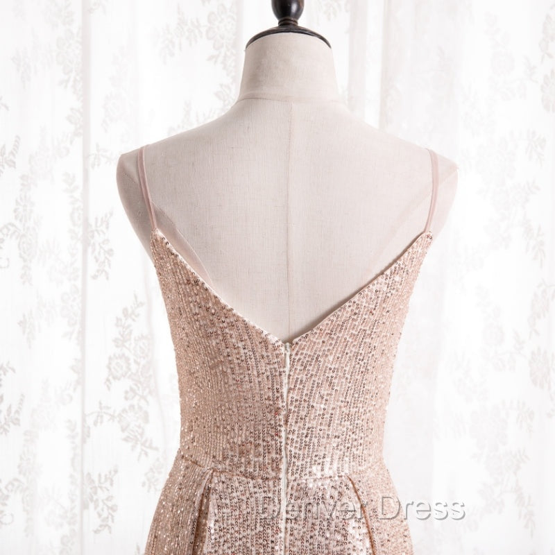 Gold Sequins Sweetheart Simple Spaghetti Straps Long Party Dresses, Sequins Prom Dresses Bridesmaid Dresses