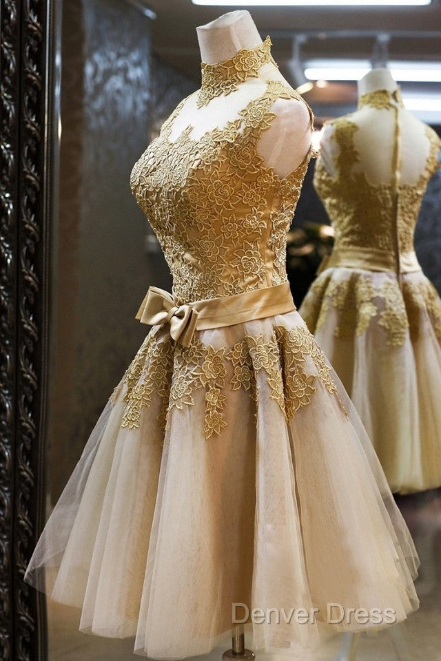 Gold Short Knee Length Lace Homecoming Dresses , Short Prom Dresses, Pretty Formal Dresses