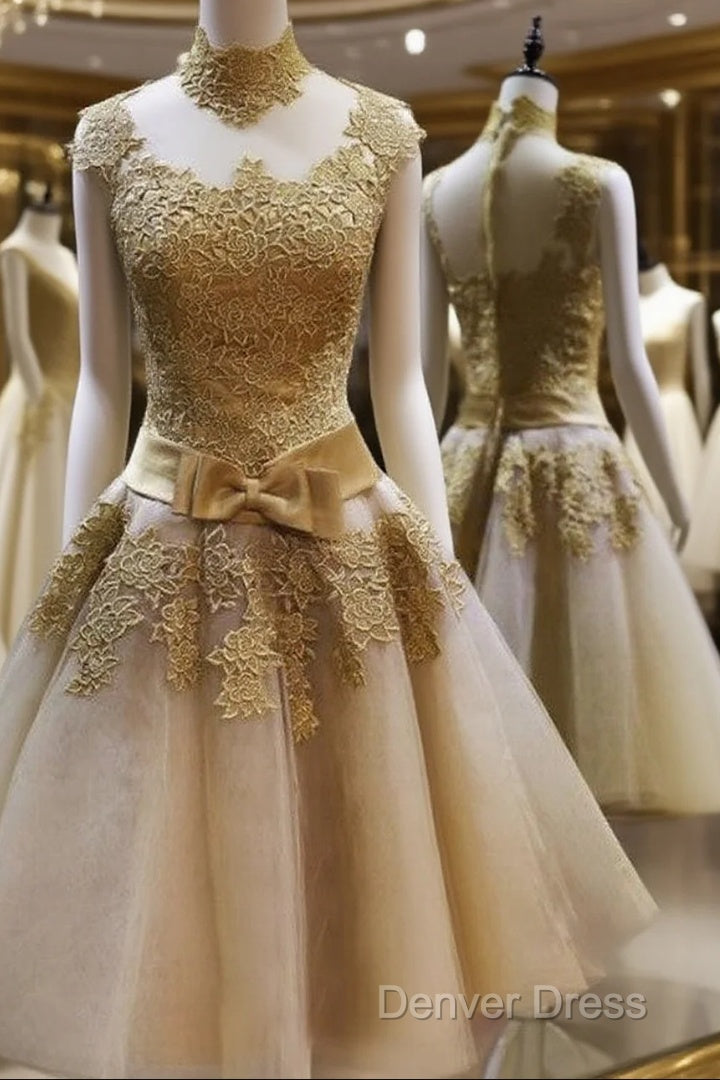 Gold Short Knee Length Lace Homecoming Dresses , Short Prom Dresses, Pretty Formal Dresses Main image