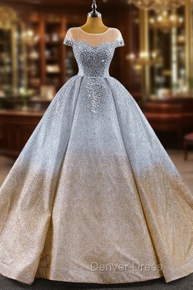 Gold Silver Ball Gowns Sequins Cap Sleeve Crystal Prom Dresses