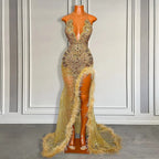 Gold Sleeveless Mermaid Prom Dress With Sequins High Slit And Feather Beadings