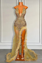 Gold Sleeveless Mermaid Prom Dress With Sequins High Slit And Feather Beadings