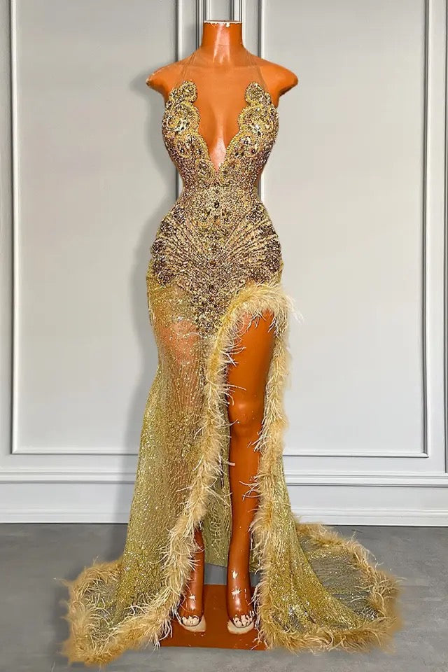 Gold Sleeveless Mermaid Prom Dress With Sequins High Slit And Feather Beadings