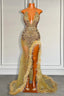 Gold Sleeveless Mermaid Prom Dress With Sequins High Slit And Feather Beadings