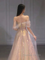 Gold Sparkle A Line Tulle Sequin Long Prom Dresses