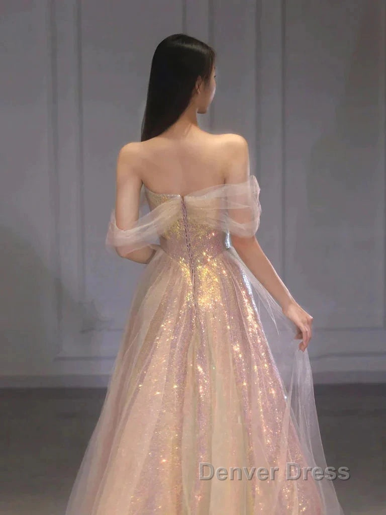 Gold Sparkle A Line Tulle Sequin Long Prom Dresses