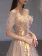 Gold Sparkle A Line Tulle Sequin Long Prom Dresses