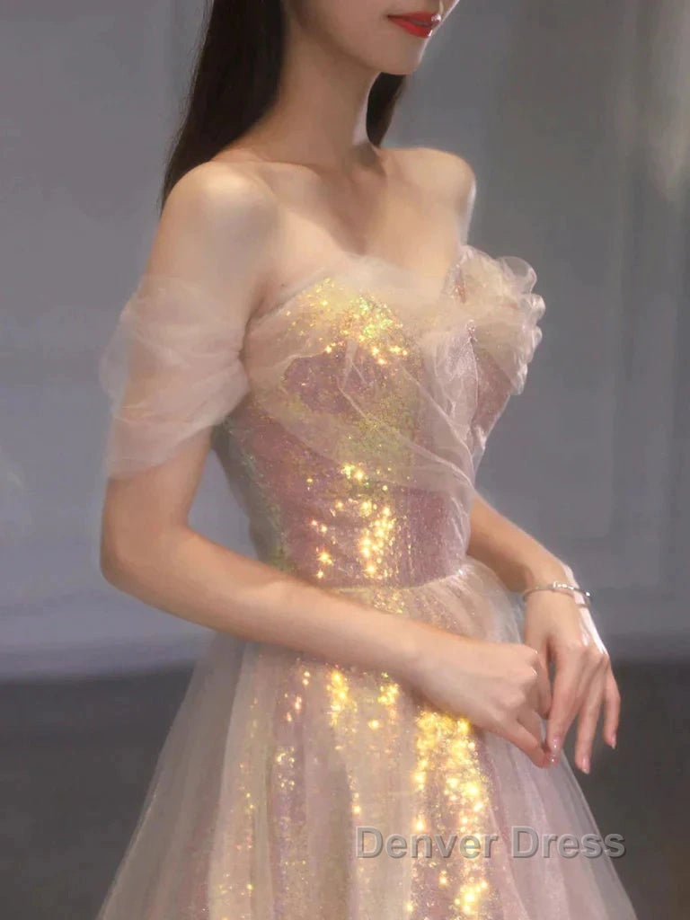 Gold Sparkle A Line Tulle Sequin Long Prom Dresses