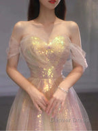Gold Sparkle A Line Tulle Sequin Long Prom Dresses