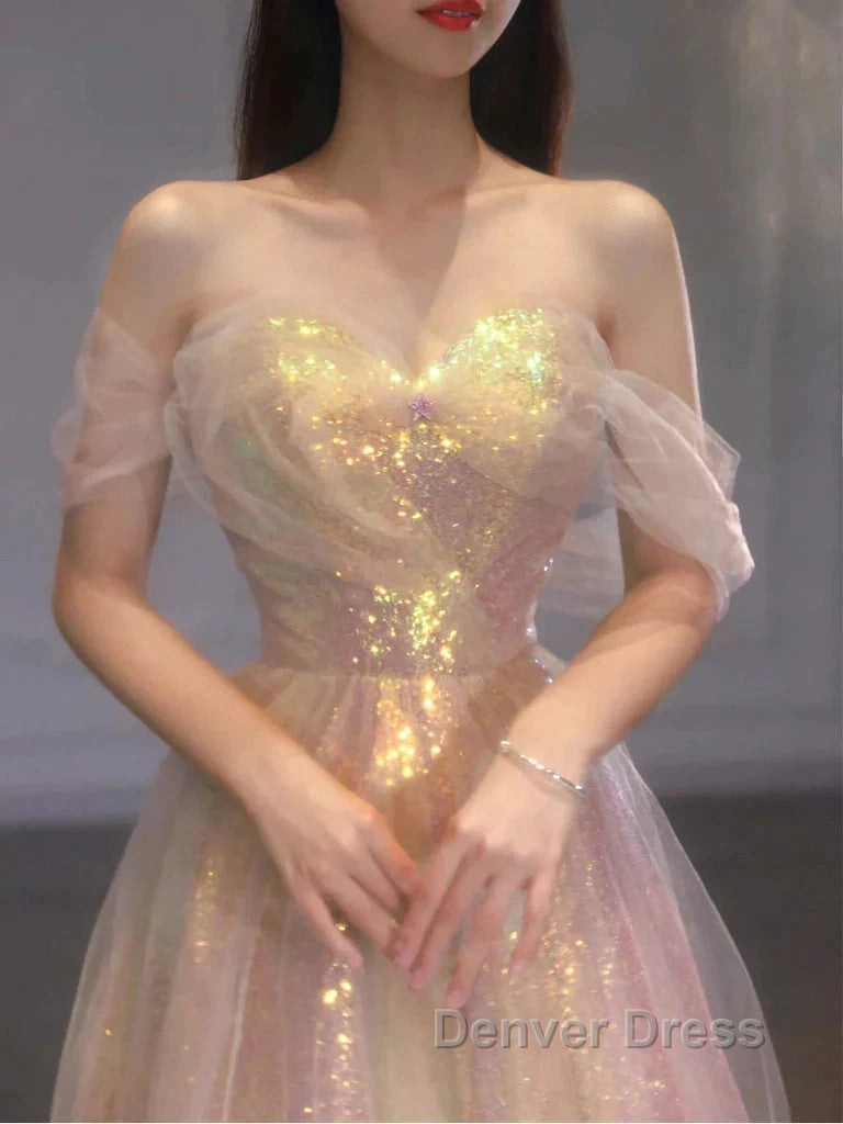 Gold Sparkle A Line Tulle Sequin Long Prom Dresses