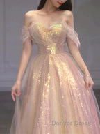 Gold Sparkle A Line Tulle Sequin Long Prom Dresses