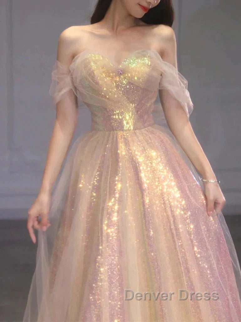 Gold Sparkle A Line Tulle Sequin Long Prom Dresses