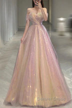 Gold Sparkle A Line Tulle Sequin Long Prom Dresses