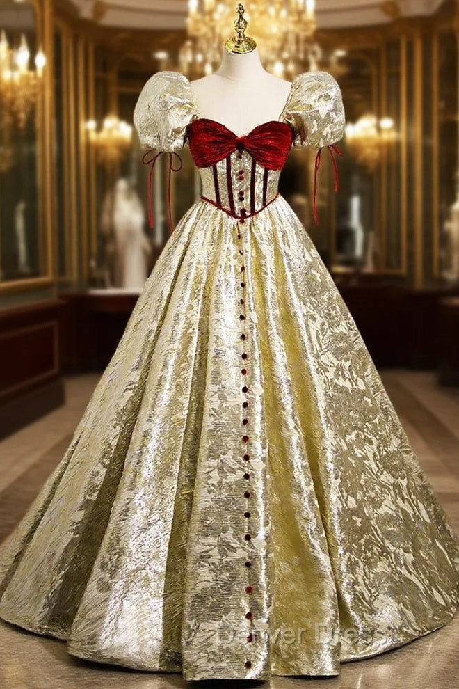 Gold Square Puff Sleeve Velvet Prom Dresses