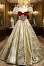 Gold Square Puff Sleeve Velvet Prom Dresses