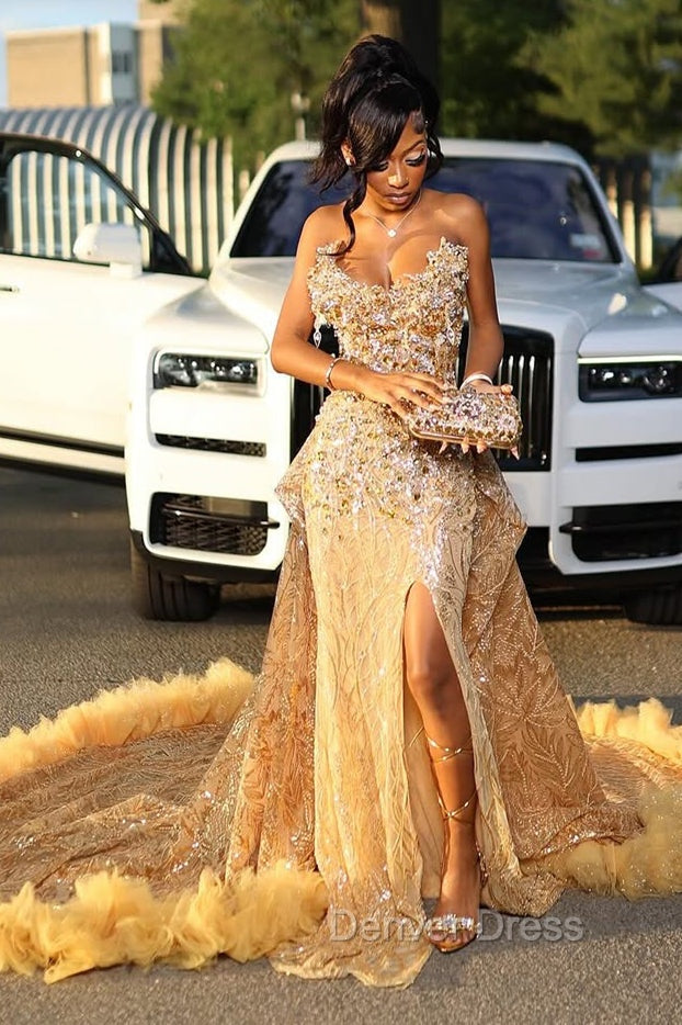 Gold Sweetheart Beaded Sparkles Court Train Flowers Prom Dresses