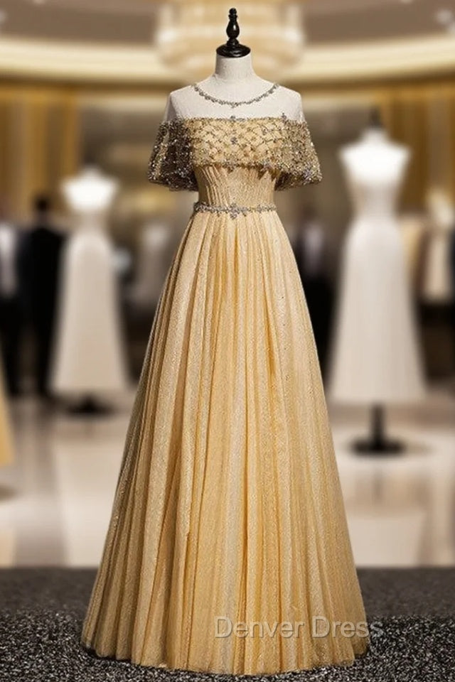 Gold Tulle Beading Sequins Lotus Leaf Sleeve Prom Dresses