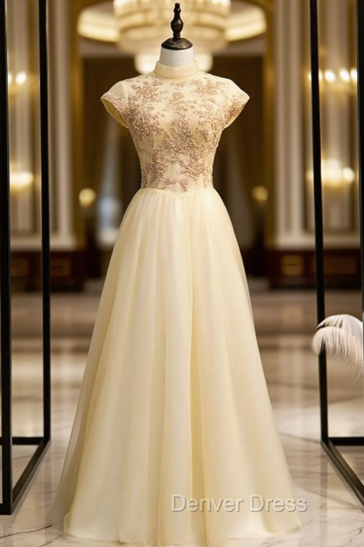 Gold Tulle High Neck Beading Open Back Prom Dresses