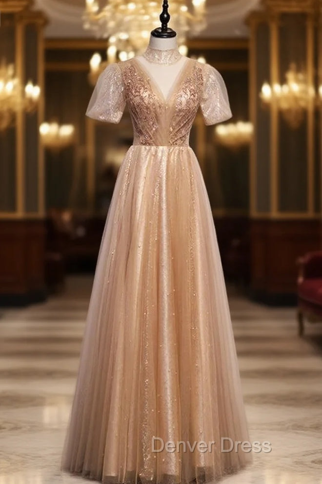 Gold Tulle High Neck Short Sleeve Beading Prom Dresses